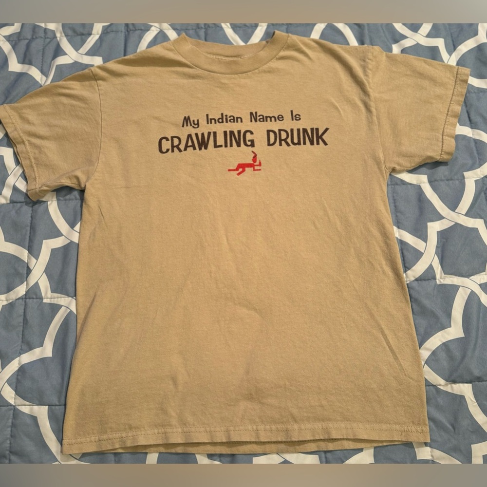 Men’s Med Light Beige Tennessee River T-Shirt “My Indian Name Is Crawling Drunk”